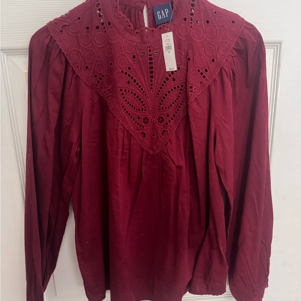 Elegant Burgundy Lace Yoke Blouse - Picture 2 of 4